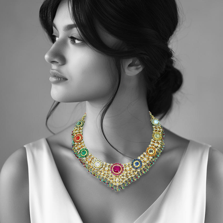 Navratan Polki Necklace with Intricate Traditional Look